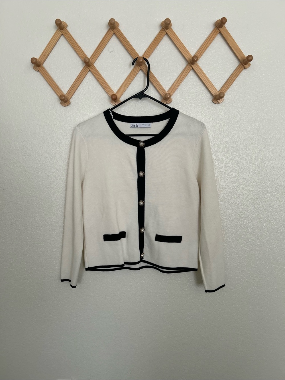 Zara Cream Cardigan with Black Trim and Pearl Buttons